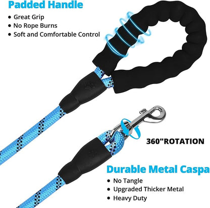 Long Dog Leash 30 FT: Heavy Duty Rope Leashes for Dogs Training with Swivel Lockable Hook Reflective Threads Bungee and Padded Handle - Dog Lead for Large Small Medium Dogs Outside Walking Hiking Blue