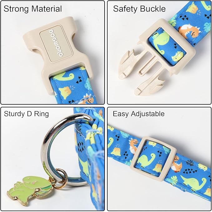 DOGWONG Blue Dog Collar Adjustable Soft Natural Fabric Boy Pet Dog Collar Cute Dinosaur Dog Collars for Small Medium Large Dogs
