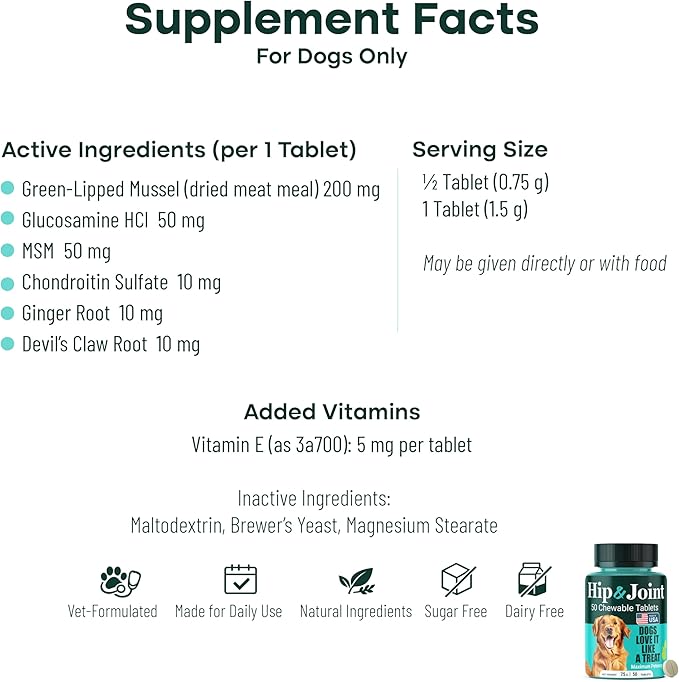 Natureflow Hip and Joint Supplement for Dogs, Advanced Dog Joint Supplement with Green-Lipped Mussel, Glucosamine, MSM & Chondroitin, Zero Sugar Chewable Pills, Made in USA, Large Medium Small Breeds