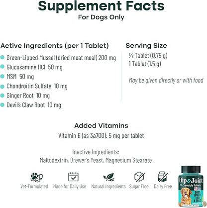 Natureflow Hip and Joint Supplement for Dogs, Advanced Dog Joint Supplement with Green-Lipped Mussel, Glucosamine, MSM & Chondroitin, Zero Sugar Chewable Pills, Made in USA, Large Medium Small Breeds