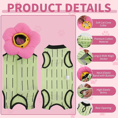 EMUST 2PCS Cat Recovery Suit and Cat Surgery Suit, Cute Cats Surgical Suit for Abdominal Wounds or Skin Diseases, Adjustable Flower Neck Cats Cone Collar Soft for 4-8lb(Green, M)