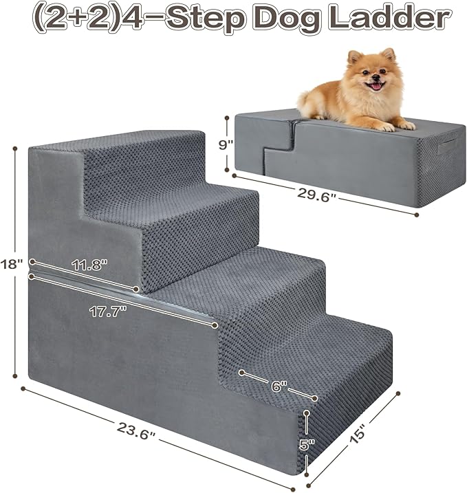 PawComfort 4-Step Pet Stairs, 18 Inch High Dog Steps for Bed, Grey Non-Slip Indoor Ramp for Small Dogs and Cats
