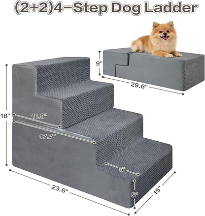 PawComfort 4-Step Pet Stairs, 18 Inch High Dog Steps for Bed, Grey Non-Slip Indoor Ramp for Small Dogs and Cats