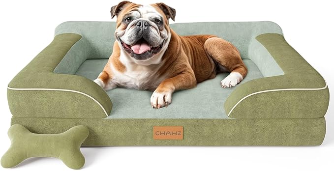CWAWZ Dog Beds for Large Dogs, Orthopedic Dog Bed with Cooling Gel Memory Foam, Waterproof Large Pet Bed with Removable Washable Cover, 36" Pet Sofa Couch Dutch Velvet with Bone Toy, Dark Green