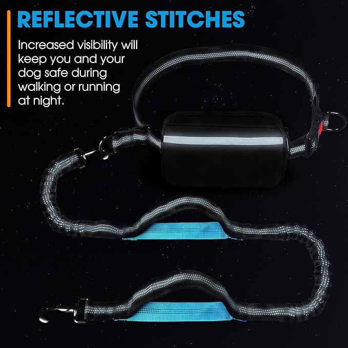 Hands Free Dog Leash with Waist Belt – No-Pull Bungee, Dual Padded Handles & Zipper Pouch for Running, Walking & Training – Adjustable Waist Leash for Large & Medium Dogs (Black)