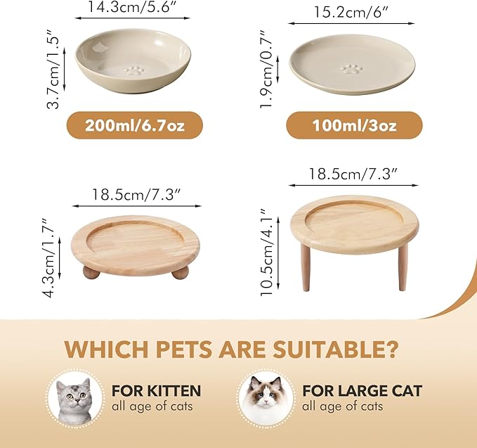 Havniva Raised Ceramic Wide Whisker Friendly Cat Dishes, Food&Water Bowl with 2 Style Stand Adjustable Pet Bowl Set(1Dish+1Shallow Dish+Stand