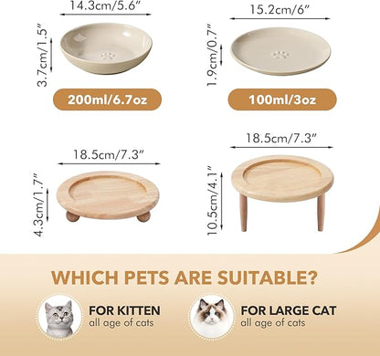 Havniva Raised Ceramic Wide Whisker Friendly Cat Dishes, Food&Water Bowl with 2 Style Stand Adjustable Pet Bowl Set(1Dish+1Shallow Dish+Stand