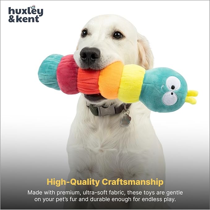 Huxley & Kent Funny Dog Toy w/Squeaker – Power Plush Squeaky Dog Toys for Small, Medium & Large Dogs – Soft Stuffed Animal for Indoor Play & Fetch - Fetchies® Caterpillar, Large