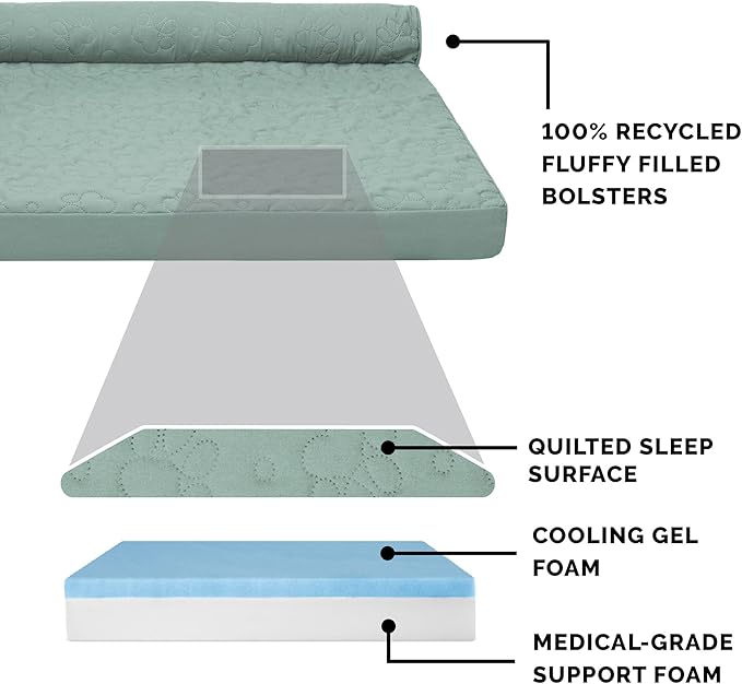 Furhaven Cooling Gel Dog Bed for Medium/Small Dogs w/ Removable Bolsters & Washable Cover, For Dogs Up to 35 lbs - Pinsonic Quilted Paw L Shaped Chaise - Iceberg Green, Medium