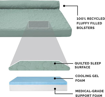 Furhaven Cooling Gel Dog Bed for Medium/Small Dogs w/ Removable Bolsters & Washable Cover, For Dogs Up to 35 lbs - Pinsonic Quilted Paw L Shaped Chaise - Iceberg Green, Medium
