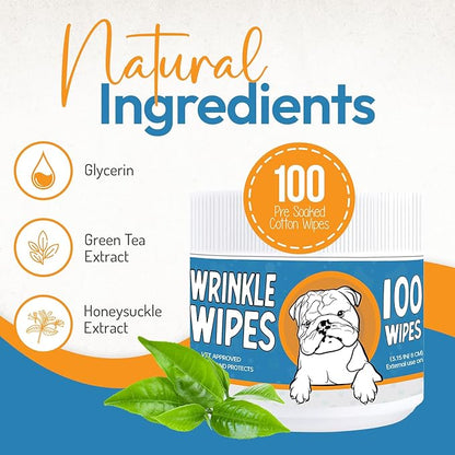 Wrinkle Wipes for Dogs - Soothe & Deodorize with Honeysuckle & Green Tea - Hypoallergenic Dog Wipes for Cleaning Faces, Paws & Butts - 200 Count Textured Wipes