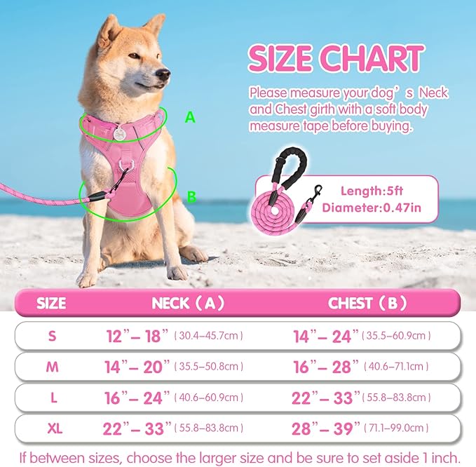 PoyPet No Pull Dog Harness and 5 Feet Leash Set, Release on Neck Reflective Adjustable Pet Vest, Front & Back 2 D-Ring and Soft Padded Pet Harness with Handle for Small to Large Dogs(Pink,M)