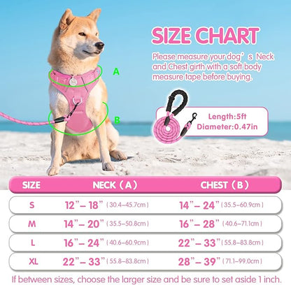 PoyPet No Pull Dog Harness and 5 Feet Leash Set, Release on Neck Reflective Adjustable Pet Vest, Front & Back 2 D-Ring and Soft Padded Pet Harness with Handle for Small to Large Dogs(Pink,M)