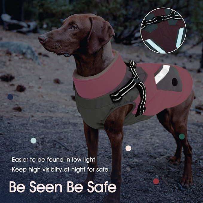IECOii Dog Winter Coat with Harness Built in, Waterproof Windproof Dog Coats for Large Dogs, Thermal Fleece Lined Cold Weather Jackets with Zip, Outdoor Warm Snow Jacket Reflective, Pink, XLarge