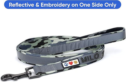 Pawtitas Personalized Camo Grey Dog Leash 6 ft Custom ID Lead for Dogs & Puppies Reflective Comfortable Padded Handle Embroidered Name & Phone Number