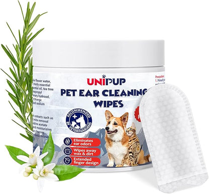Dog Ear Finger Wipes, Gentle Dog Ear Cleaning Wipes for Dogs and Cats, Ear Wipes for Dogs Remove Ear Wax, Dirt, and Odor, Puppy Ear Wipes Sooths & Deodorizes, Natural Ingredients 70 Count