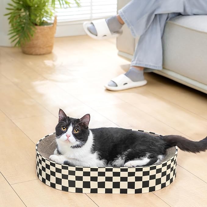 Conlun Large Oval Cat Scratcher Bowl, Cardboard Cat Scratching Pad & Lounge Bed, High-Density Reversible Cat Nest for Large Indoor Cats, Furniture Protector with Ergonomic Curve, Gift Catnip Included