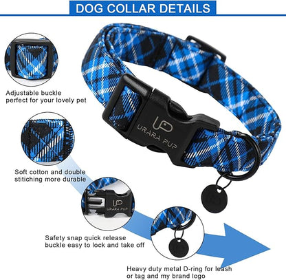 UP URARA PUP Autumn Cotton Dog Collar, Blue Plaid with Plastic Buckle, Adorable Pet Collar for Puppy, Cat or Dog