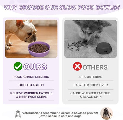 TRUVIC Ceramic Slow Feeder Dog Bowls, 1.5 Cup Puzzle Slow Feeder Bowls for Fast Eaters, Ceramic Dog Food Dish no Black Chin, Puzzle Bowl for Medium Dogs, Purple