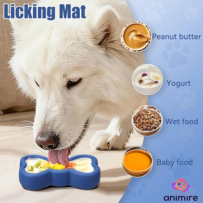 Lick Mat for Dogs, Animire Anti-Spilled Bow Tie Lick Bowls for Anxiety Relief, Silicone Slow Feeder Licking Pad with Suction Cups, Freezeable Dog Enrichment Toy for Boredom(Dark Blue,S)