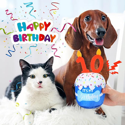 Dog Birthday Cake Toy Accessories for Girl Boy Gifts, Squeaky Plush Toy for Dog Birthday Party Decor Favor for Large, Medium and Small Dogs(10th,Blue)