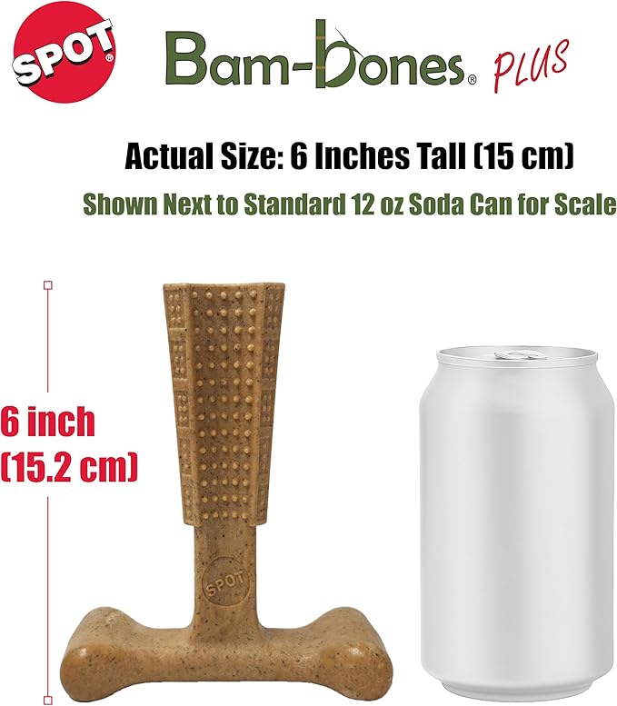 SPOT Bam-Bones Plus T-Bone, Bamboo Fiber & Nylon Dog Chew, Durable for Aggressive Chewers, Non-Splintering, for Adult Dogs & Teething Puppies Under 60lbs, 6in, Chicken Flavor