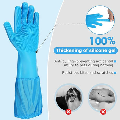 Senquoyn Dog Washing Gloves | Pet Grooming Gloves | Extra Long Arms (17.3") for Cats & Dogs | Massage & Hair Removal Pet Glove(Blue)
