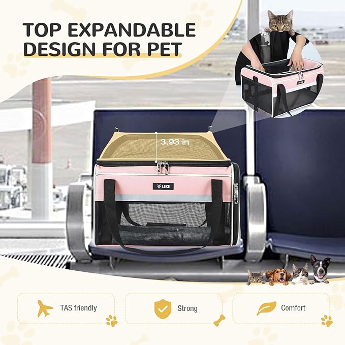 Lekereise Top-Expandable Pet Carrier 18x13x9.5 Inch Southwest Frontier Airline Approved Soft Sided Underseat to 15lbs Travel Carriers for Small Cats Dogs with Locking Safety Zippers Anti-Scratch Mesh