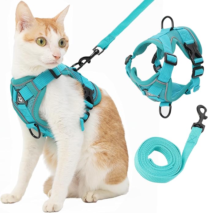 Kodervo Cat Harness and Leash, Reflective Cat Harness Escape Proof for Walking, Adjustable Kitten Harness and Leash Set, 4 Buckles Easy Control Breathable Cat Vest Harness for All Types of Cats