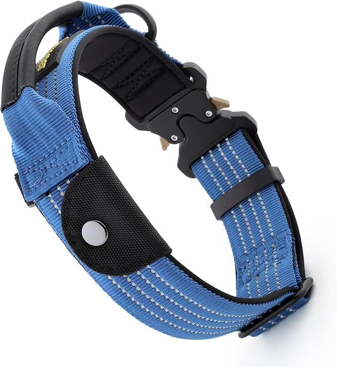 Plutus Pet Tactical Dog Collar with Tracker Pocket for AirTag, Adjustable Reflective Nylon Collar, Metal Buckle, Leather-Wrapped Handle, Soft Padded for Medium Large Dogs (Blue, S)