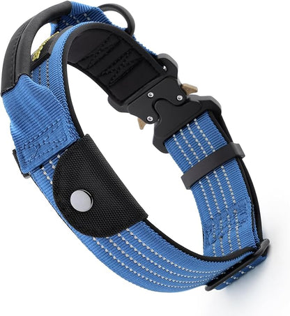 Plutus Pet Tactical Dog Collar with Tracker Pocket for AirTag, Adjustable Reflective Nylon Collar, Metal Buckle, Leather-Wrapped Handle, Soft Padded for Medium Large Dogs (Blue, L)