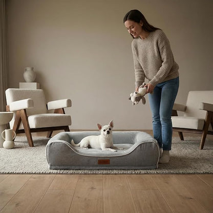 hush bone 24 Inch Orthopedic Dog Couch Bed for Small Dogs/Cats,Cooling Gel Memory Foam + Egg Crate Foam,Waterproof Removable Washable Cover,4-Sided Bolster,Non-Slip Bottom,Grey