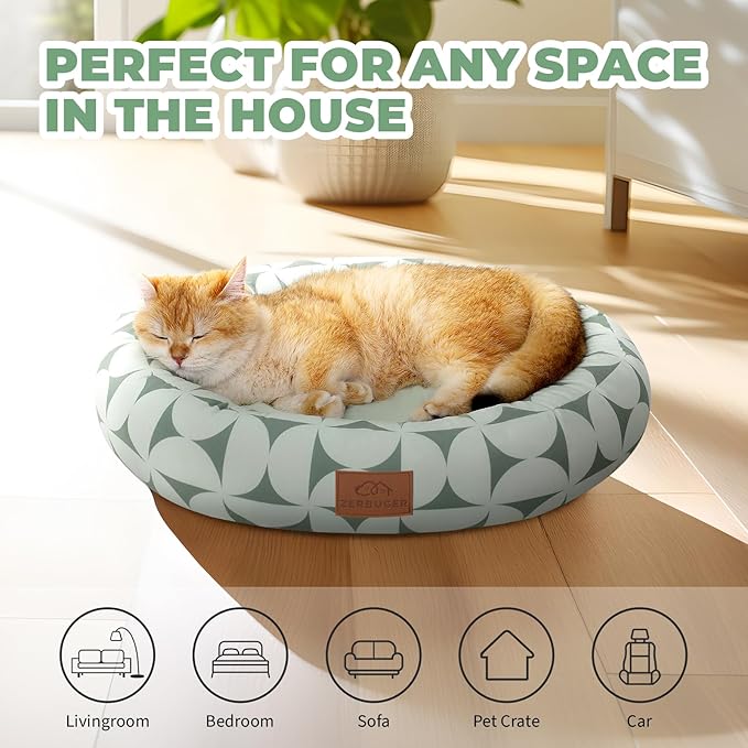 Zerbuger Cat Bed, 20In Dog Beds for Small Dogs, Calming Cat & Dog Beds for Indoor Pets, Pet Beds Comfortable Donut Round Ultra Soft (Green Pattern, 20.0" L x 20.0" W x 6.5" Th)