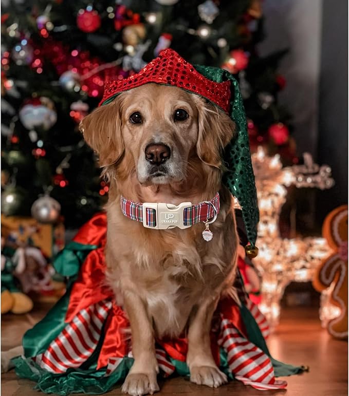 Christmas Plaid Dog Collar, Red and Blue Check Adjustable Pet Collar with Quick Release, Christmas Stripes Collar for Small Medium Large Dogs XL