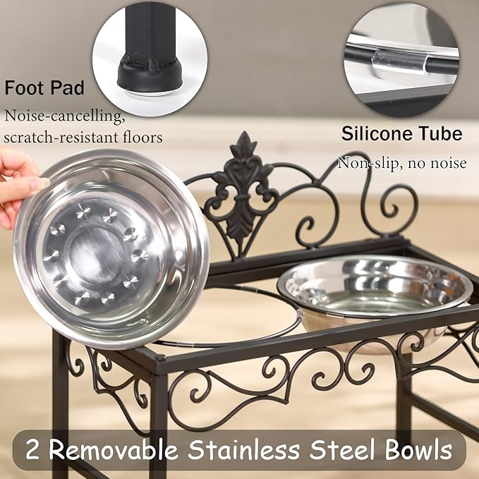 Elevated Dog Bowls for Medium Dogs, Raised Dog Bowl with Double Stainless Steel Bowls for Food and Water, Matte Black Tall Dog Bowl with Metal Stand, Perfect for Medium Large Dogs and Pets - Height 9"