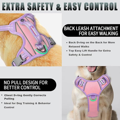 BARKBAY No Pull Dog Harness Large Reflective Dog Harness with Front Clip and Easy Control Handle for Walking Training Running with ID tag Pocket(Baby Pink & Violet Purple,XL)