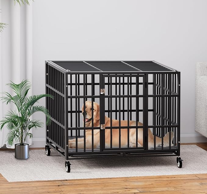 HMHTCT 42 Inch Heavy Duty Dog Crate with Wheels,Indestructible Escape-Proof Dog Kennel with Locking Latch and Double Door,Extra Large XL XXL Crate Indoor for Large and Medium Dog with Removable Tray