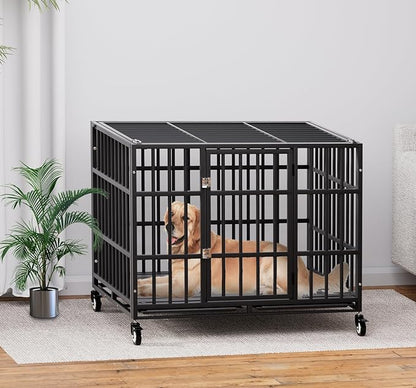 HMHTCT 42 Inch Heavy Duty Dog Crate with Wheels,Indestructible Escape-Proof Dog Kennel with Locking Latch and Double Door,Extra Large XL XXL Crate Indoor for Large and Medium Dog with Removable Tray