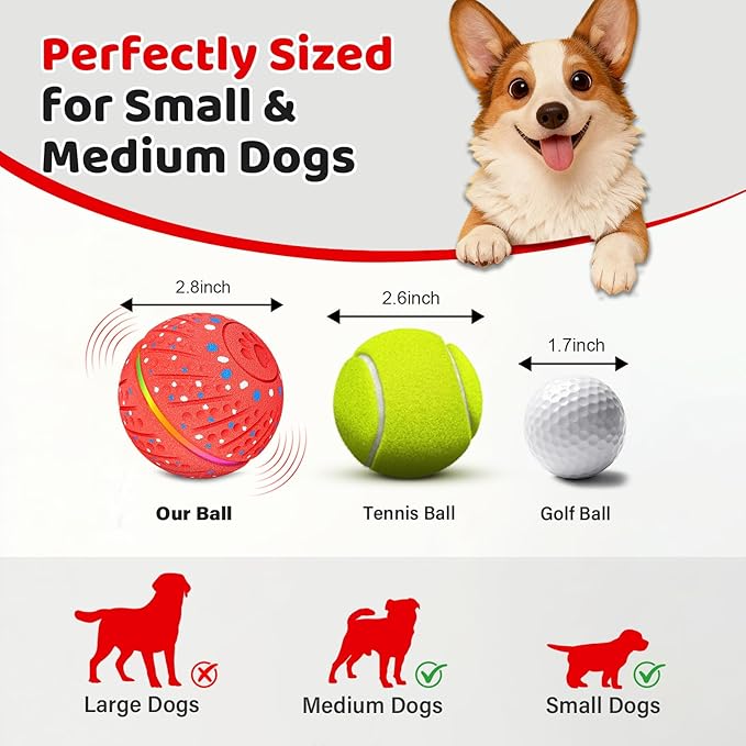 Sankell Interactive Dog Toys Ball - Smart Moving Bouncing Dog Ball with Colorful Lights, E-TPU Material, 3 Play Modes Automatic Rolling Balls Toy for Small Medium Dogs Keep Them Busy(Red)