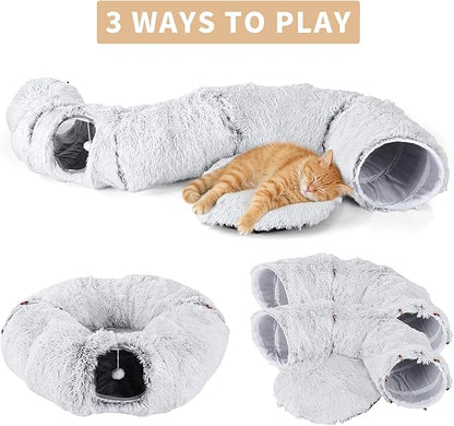 Large Donut Cat Tunnel Bed - Soft Plush Cat Cave & Peekaboo Hiding Spot, 3-in-1 Indoor Cat Playground Toy for Kittens/Adult Cats, Festive Christmas Pet Gift