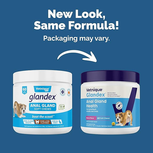 Vetnique Glandex Anal Gland Soft Chew Treats with Pumpkin for Dogs Digestive Enzymes, Probiotics Fiber Supplement for Dogs Boot The Scoot (Bacon Flavor Chews, 60 Count)