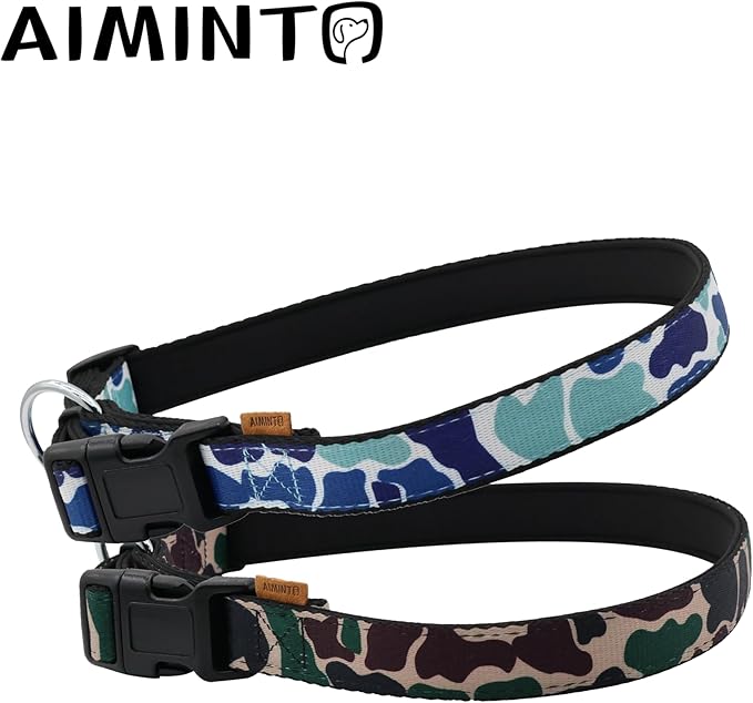 Dog Collar, Cute Camouflage Pattern, Neoprene Padded and Adjustable Collar with Quick Release Buckle, Reinforced Structure (L (Neck 18-28", Width 1"), Camouflage Green)
