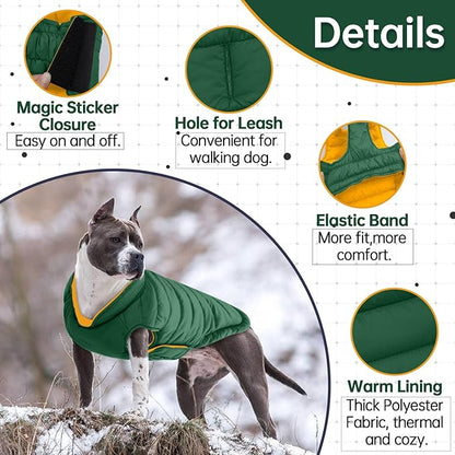 Lelepet Reversible Dog Coat Waterproof Dog Jacket Windproof Puffer Vest for Winter Warm Lightweight Coats for Small Dogs Adjustbale Hook & Loop Pet Apparel with Leash Hole, Pug, Green, M