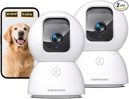 CINMOORE 5G Security Camera Indoor 2-Pack, No-Monthly-Fee AI Tracking Facial Recognition, 3K Pet/Dog Camera with Speaker/Phone App, PTZ WiFi Baby Monitor Cameras for Home Security, 0-Glow Night Vision