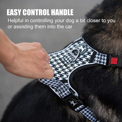 PoyPet No Pull Dog Harness, [Release on Neck] Reflective Adjustable No Choke Pet Vest with Front & Back 2 Leash Attachments, Soft Control Training Handle for Small Medium Large Dogs(Houndstooth,L)