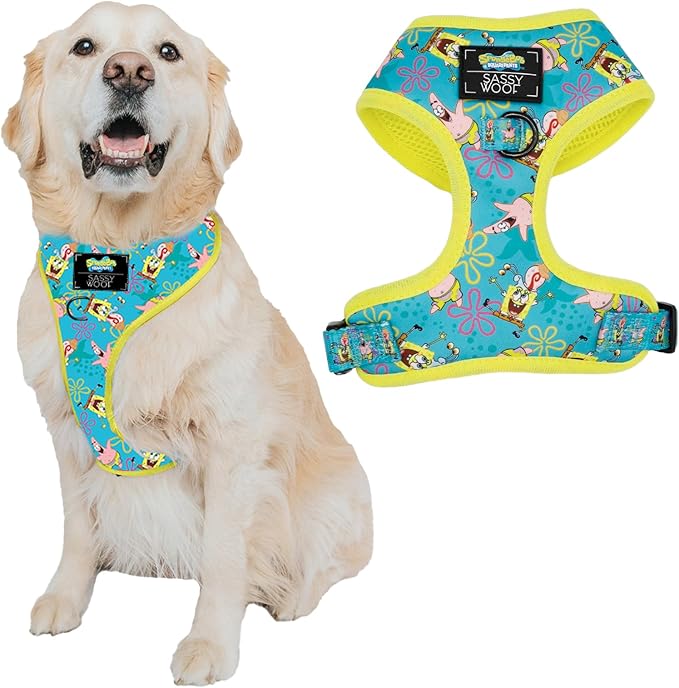 Sassy Woof Dog Adjustable Harness - Spongebob Squarepants™ Jelly Fishin' - XL, Breathable Mesh, No Pull Design with Two D-Rings, Patented Design, Ideal for Extra Large Dogs - Officially Licensed