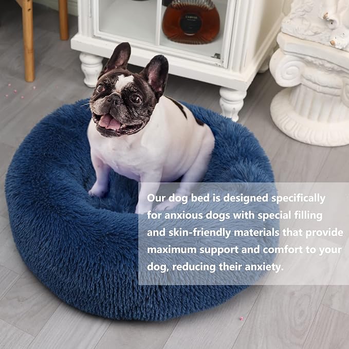 Calming Donut Dogs Beds for Small Dogs Washable,23inch Plush Round Pet Bed for Cozy Sleep,Fluffy Faux Fur Large Cat Bed,Fits up to 25 lbs Pets,Navy Blue