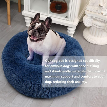 Calming Donut Dogs Beds for Small Dogs Washable,23inch Plush Round Pet Bed for Cozy Sleep,Fluffy Faux Fur Large Cat Bed,Fits up to 25 lbs Pets,Navy Blue