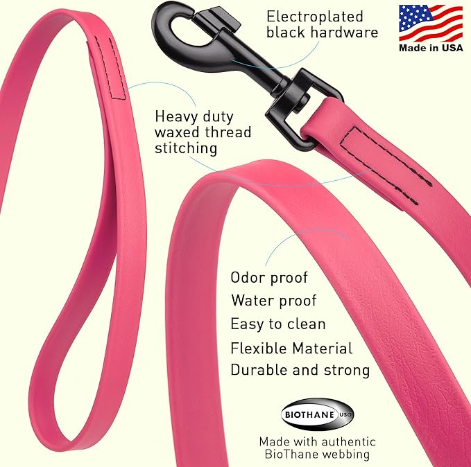 Dogline Biothane Waterproof Dog Leash Strong Coated Nylon Webbing with Black Hardware Odor-Proof Easy to Clean High Performance for Small or Large Dogs Made in USA 4 or 6 ft Lead, Passionfruit Pink