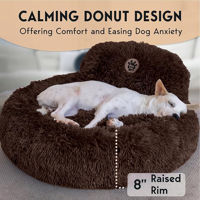 PetJett Calming Dog Bed Medium Size Dog - 30'' Donut Bed, Anti-Slip & Washable Super Soft Fluffy Plush Round Bed, Anti-Anxiety Premium Comfort Pet Bed, Fits Dogs up to 45 lbs - Brown